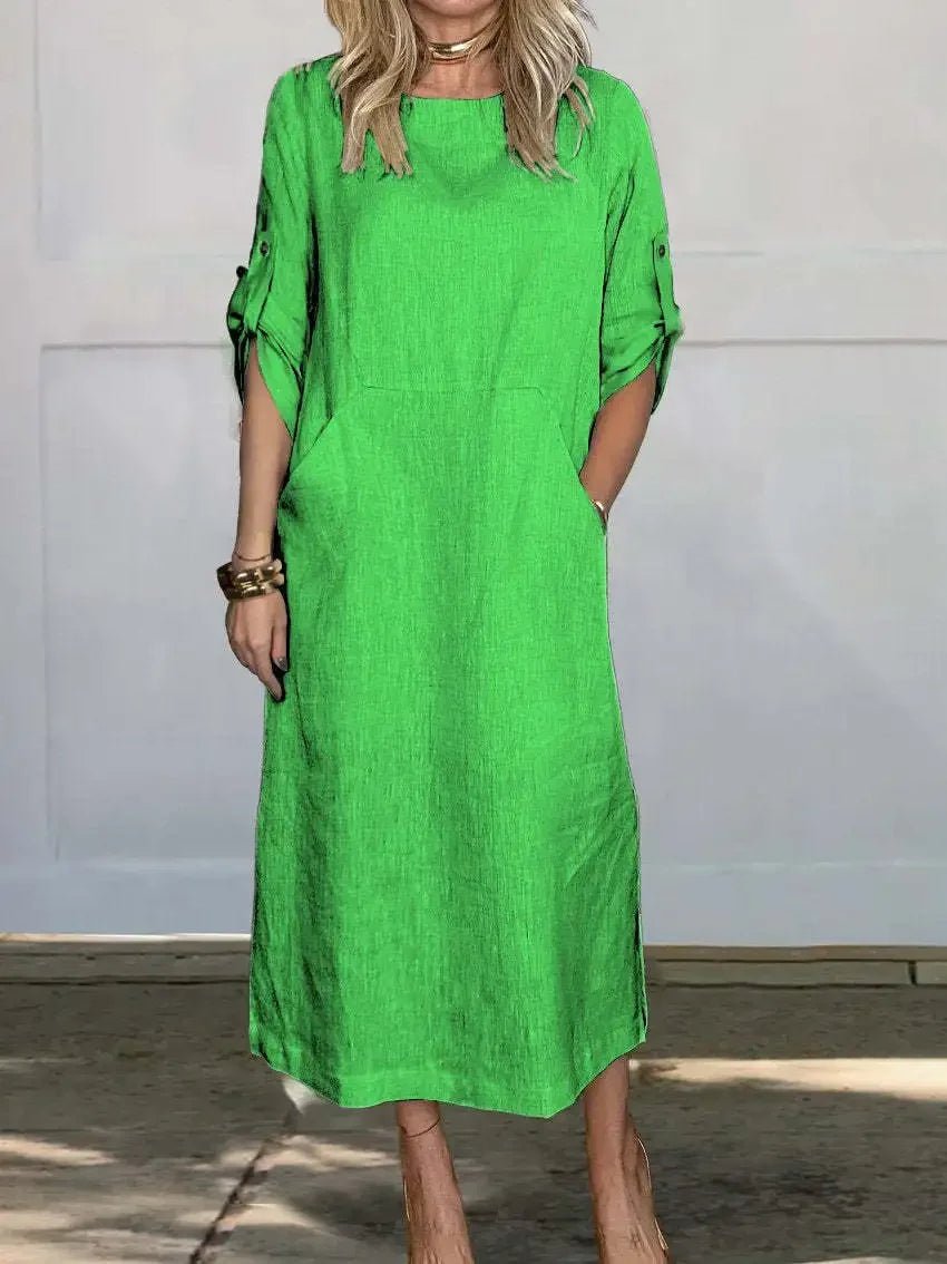 Women’s Boho Midi Dress A-Line Relaxed Fit with Roll-Up Sleeves 6
