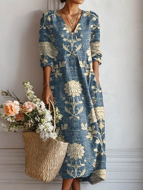 Women’s Boho Midi Dress Breathable Linen V-Neck Floral Style 0