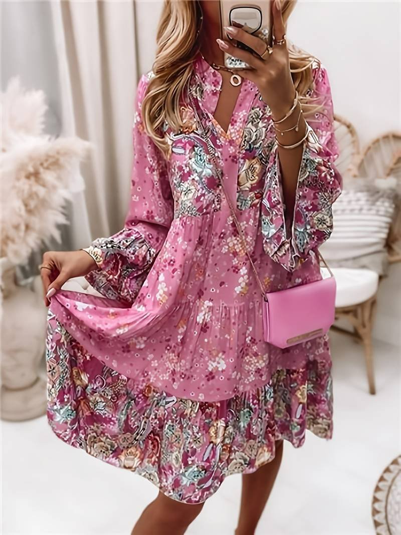 Women’s Boho Midi Dress Floral Print Long Sleeve Style 0