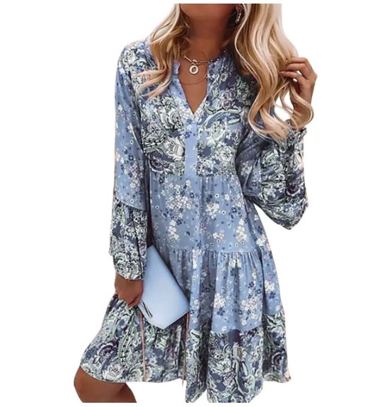 Women’s Boho Midi Dress Floral Print Long Sleeve Style 3