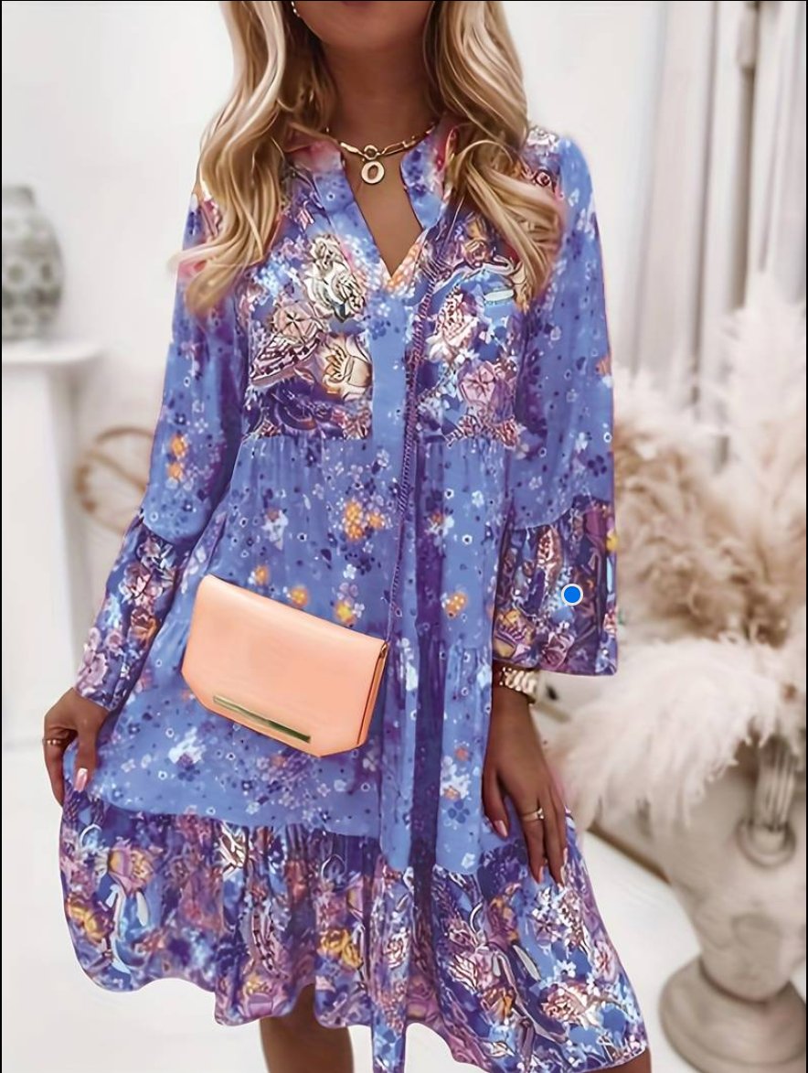 Women’s Boho Midi Dress Floral Print Long Sleeve Style 4