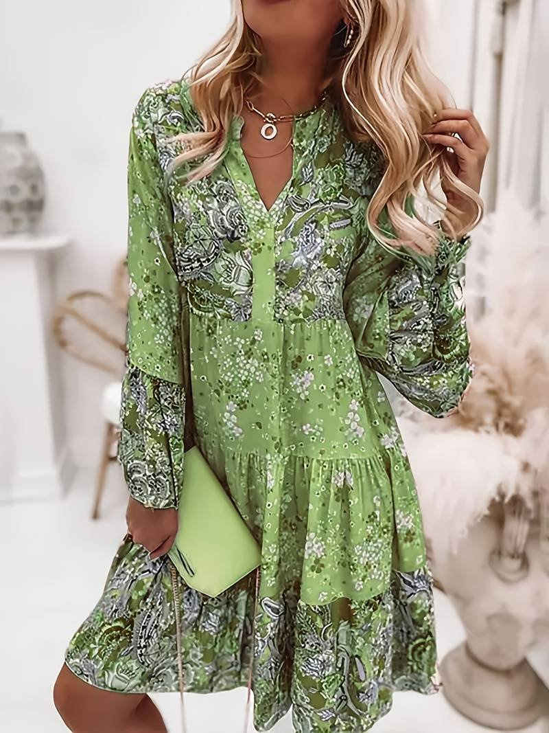 Women’s Boho Midi Dress Floral Print V-Neck Long Sleeve Style 1