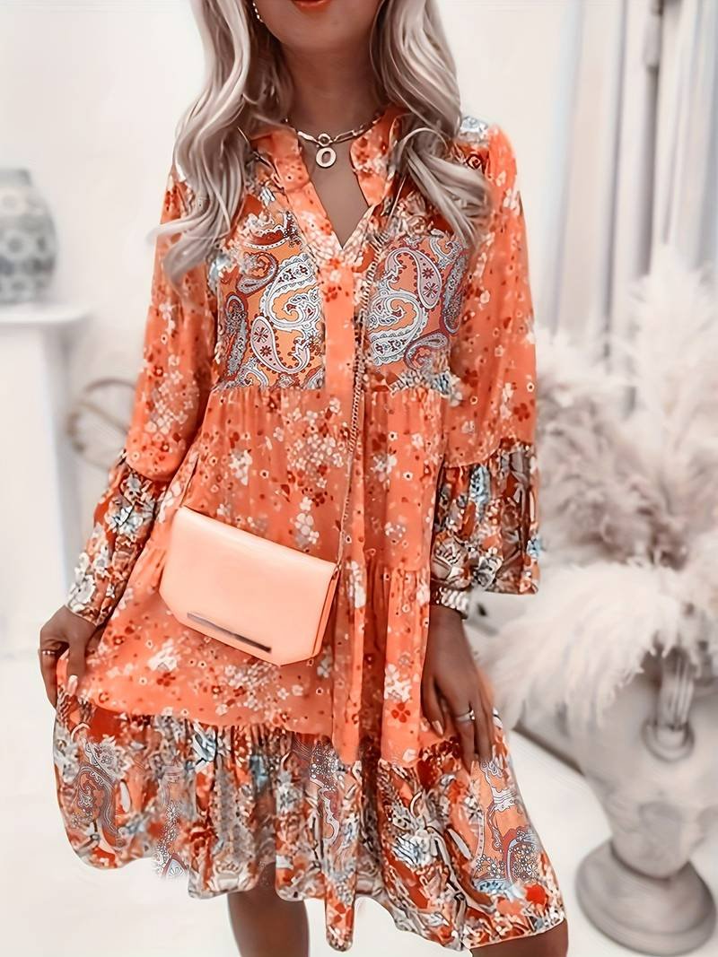 Women’s Boho Midi Dress Floral Print V-Neck Long Sleeve Style 2