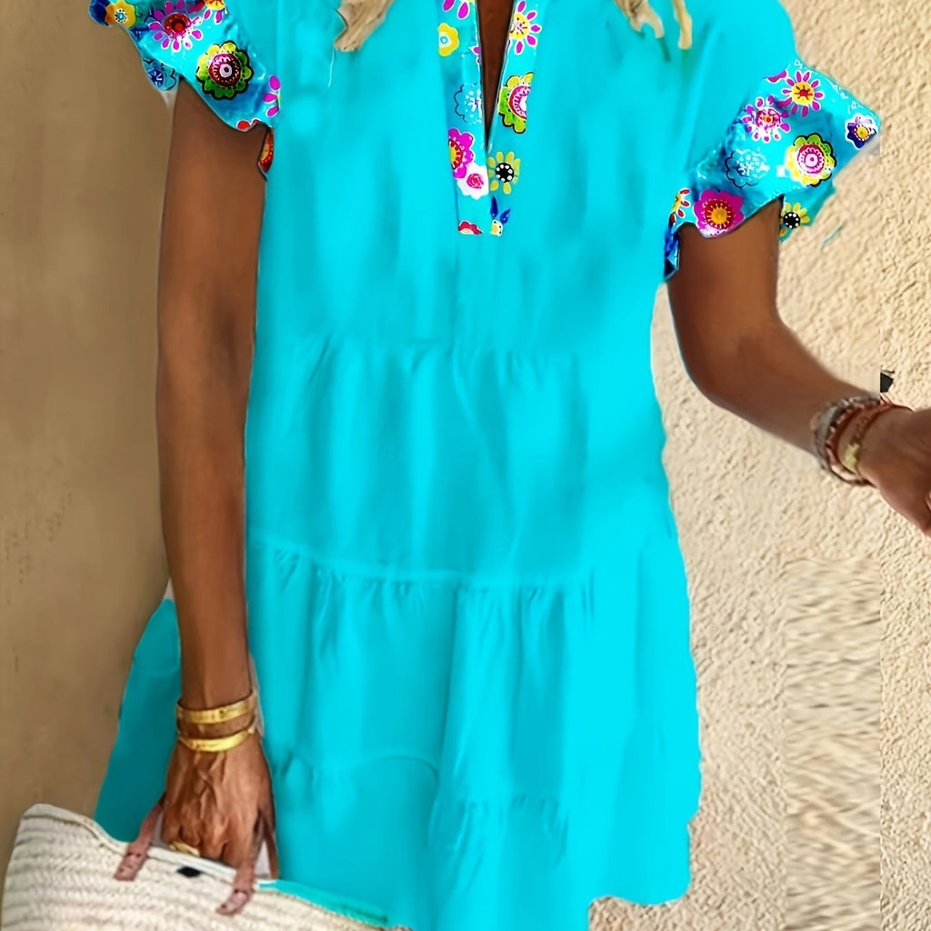Women’s Boho Midi Dress Flutter Sleeve Floral Design 0