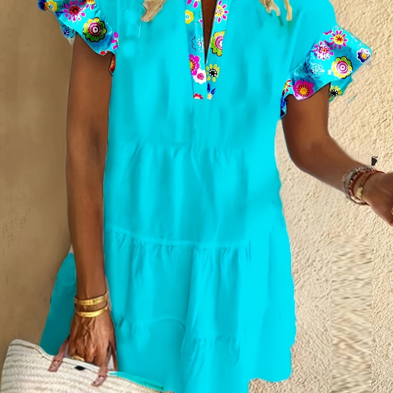 Women’s Boho Midi Dress Flutter Sleeve Floral Design 0