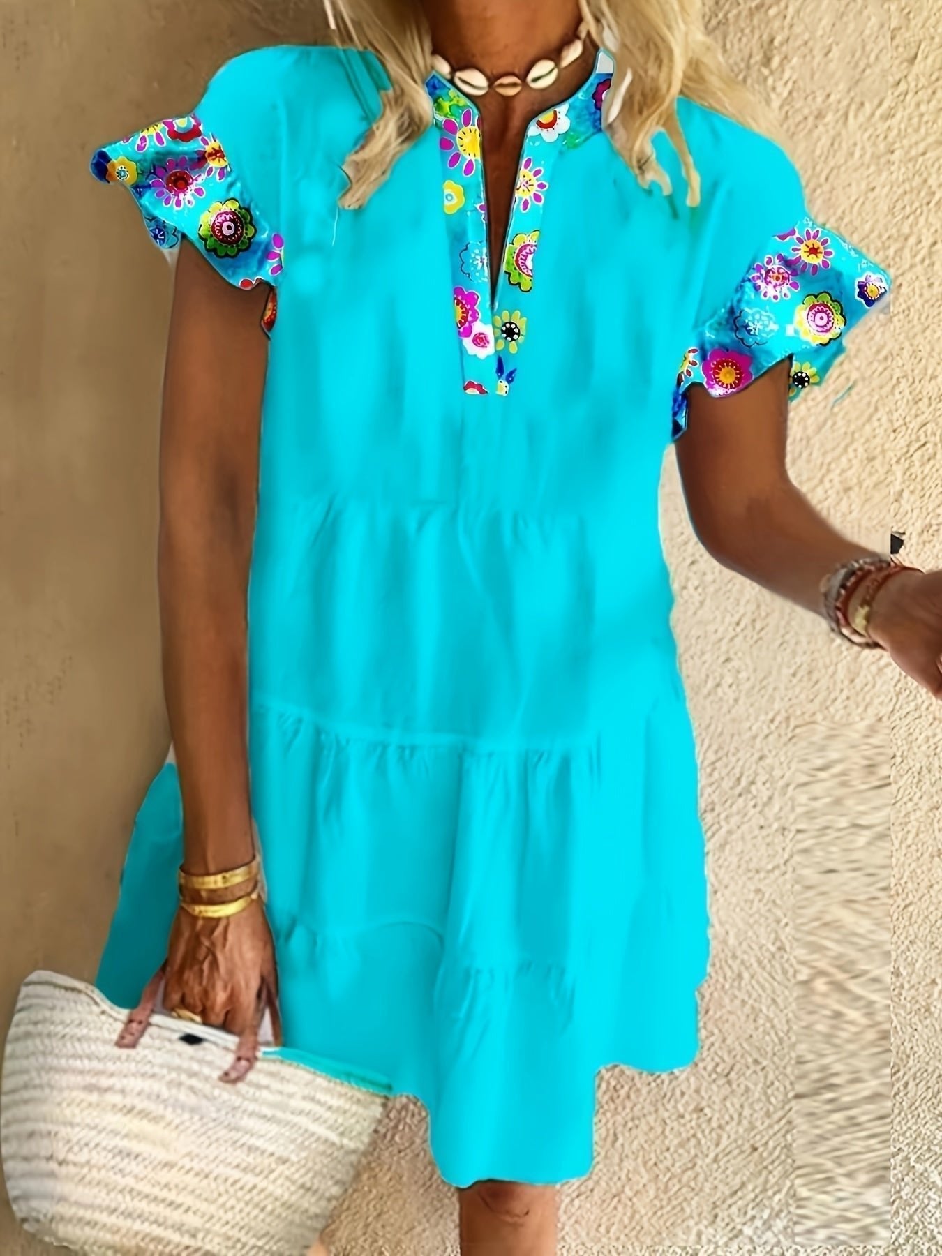 Women’s Boho Midi Dress Flutter Sleeve Floral Design 1