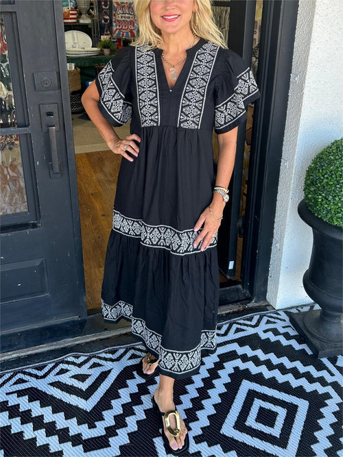 Women’s Boho Midi Dress Relaxed V Neck Summer Style 0