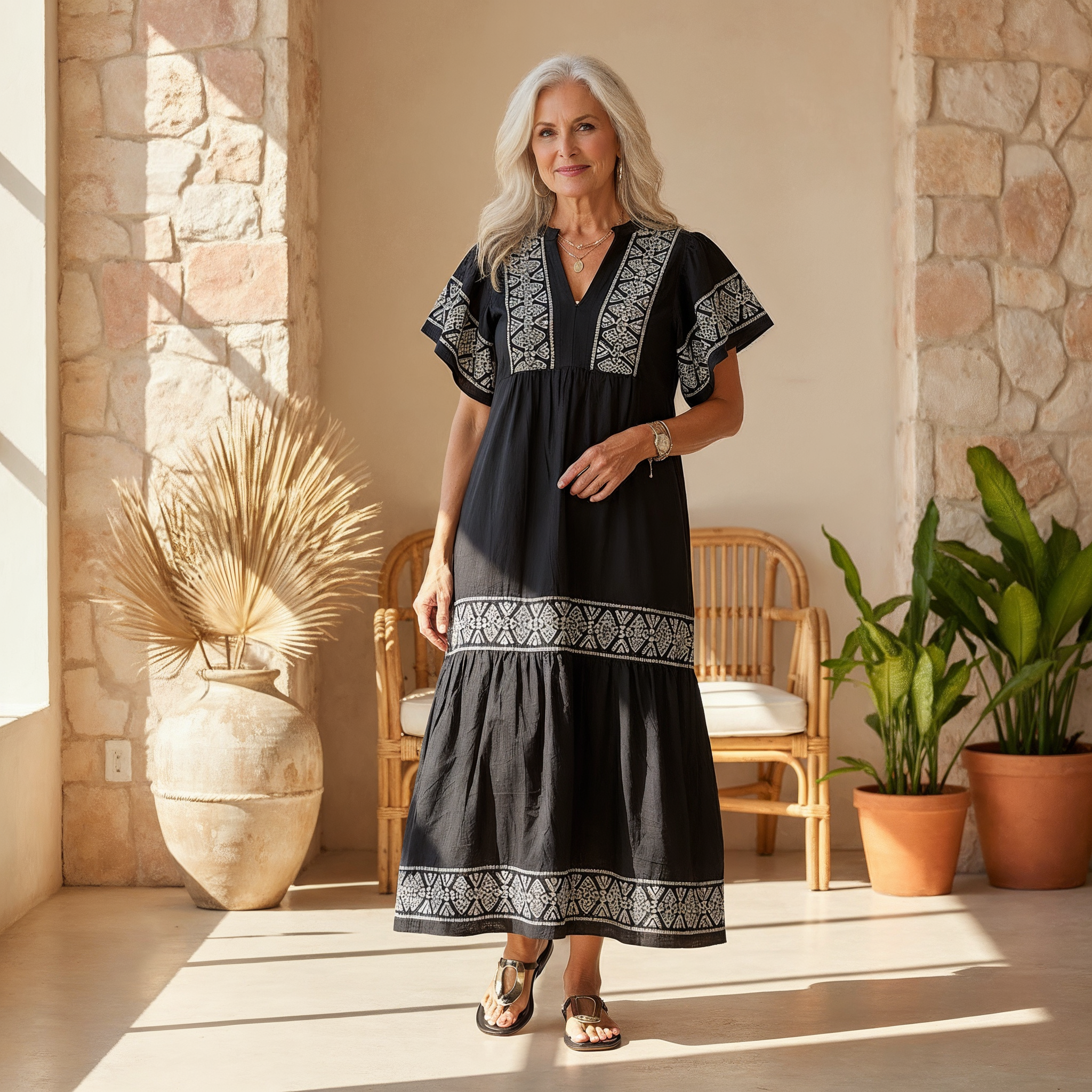 Women’s Boho Midi Dress Relaxed V Neck Summer Style 1