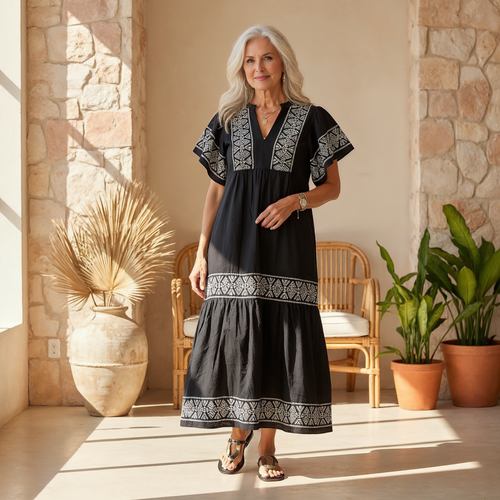 Women’s Boho Midi Dress Relaxed V Neck Summer Style 1