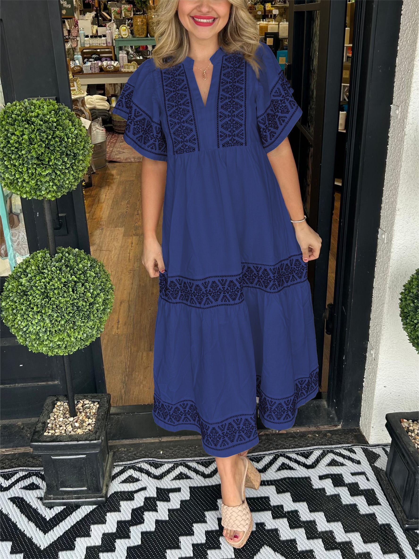 Women’s Boho Midi Dress Relaxed V Neck Summer Style 4