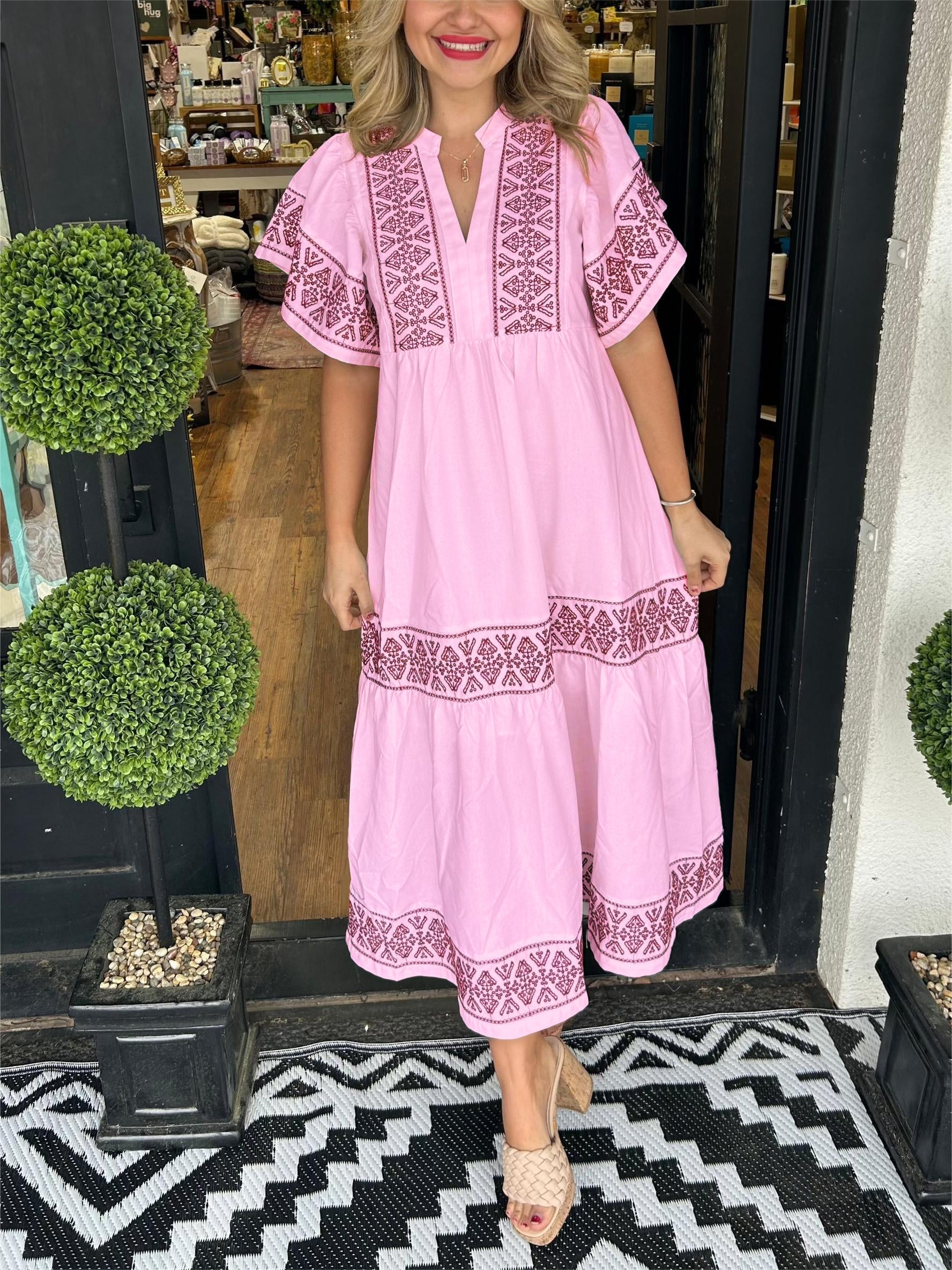 Women’s Boho Midi Dress Relaxed V Neck Summer Style 5