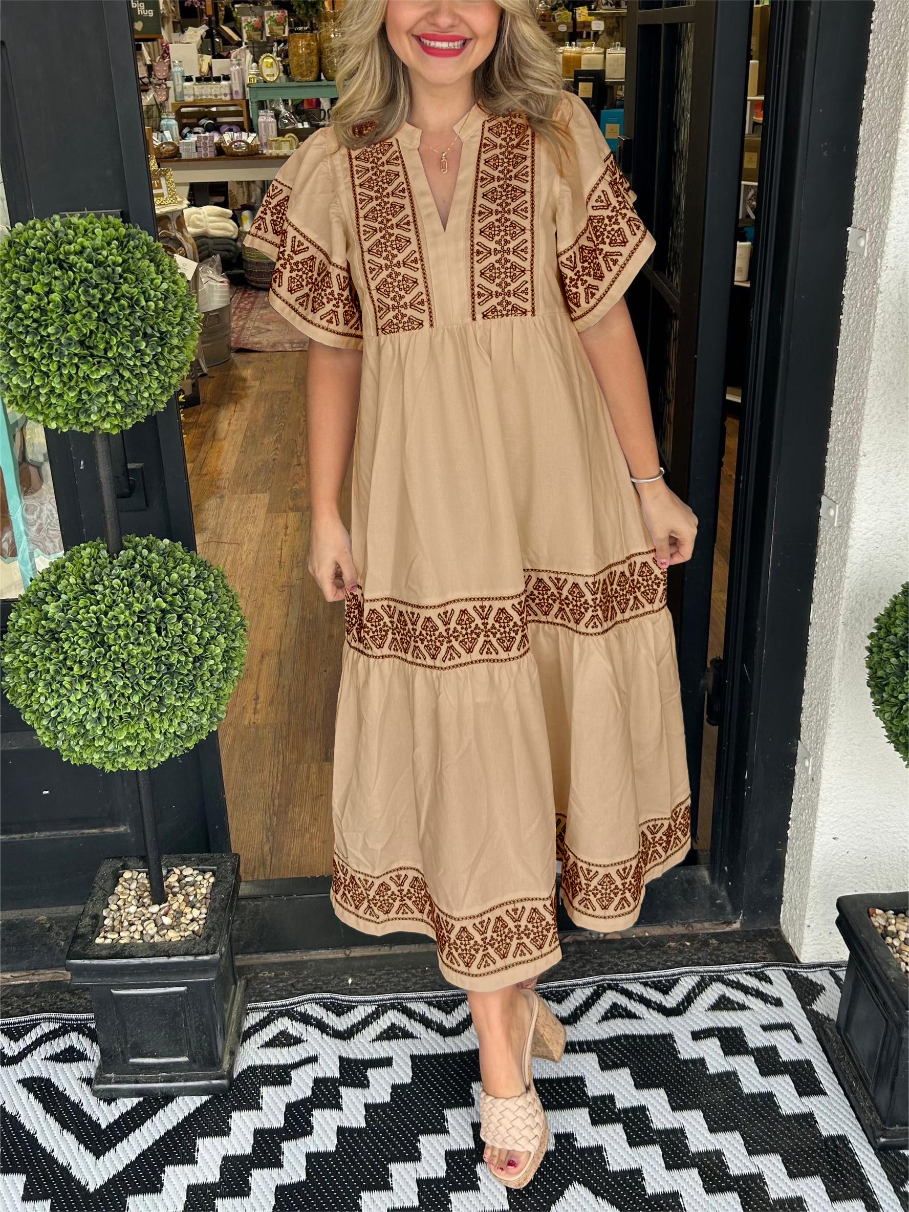 Women’s Boho Midi Dress Relaxed V Neck Summer Style 6