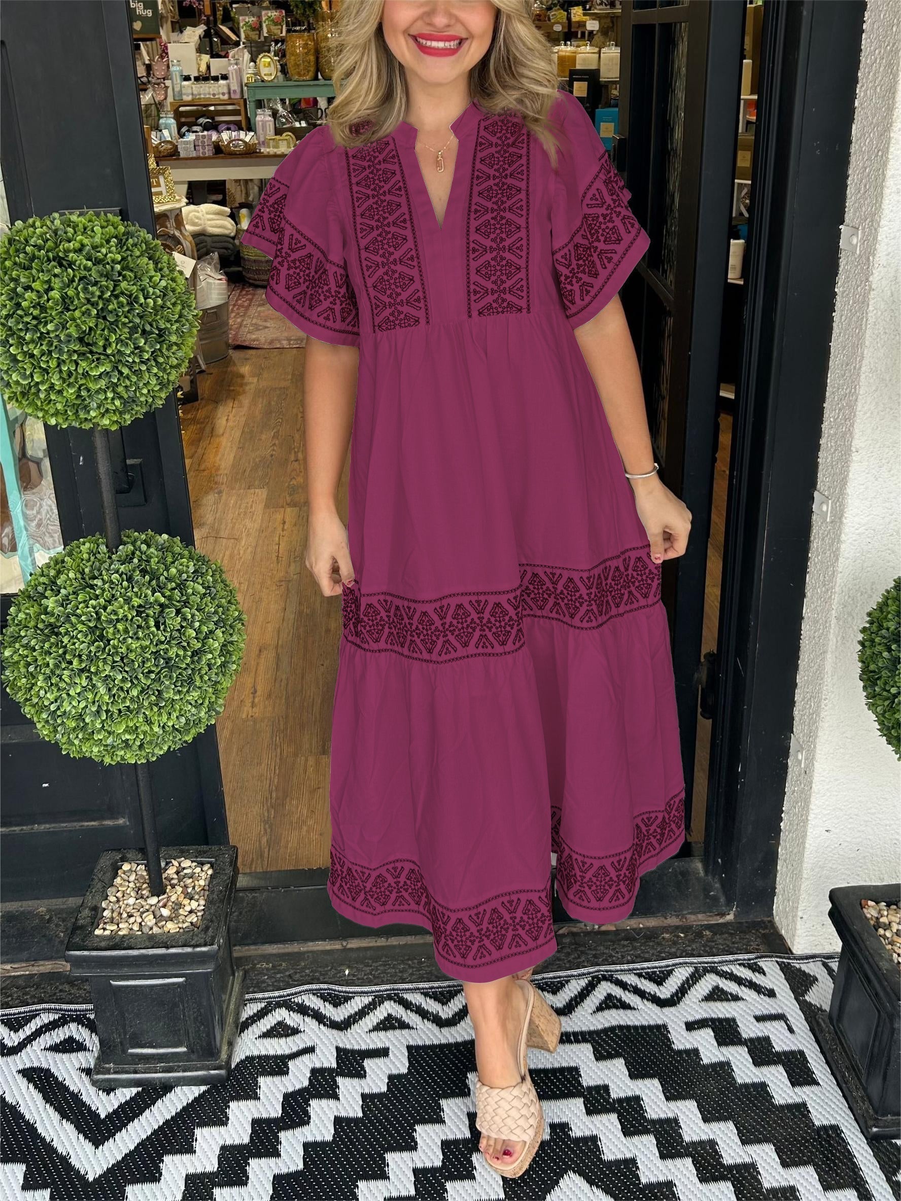 Women’s Boho Midi Dress Relaxed V Neck Summer Style 7