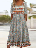 Women’s Boho Midi Dress Square Neck Short Sleeve Summer Style 0