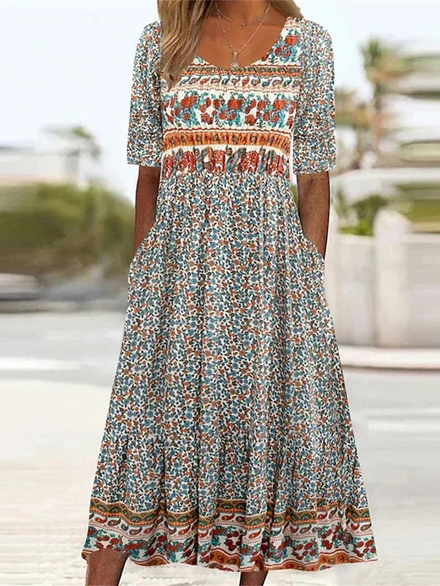 Women’s Boho Midi Dress Square Neck Short Sleeve Summer Style 0