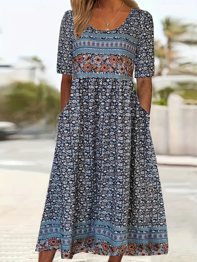 Women’s Boho Midi Dress Square Neck Short Sleeve Summer Style 1