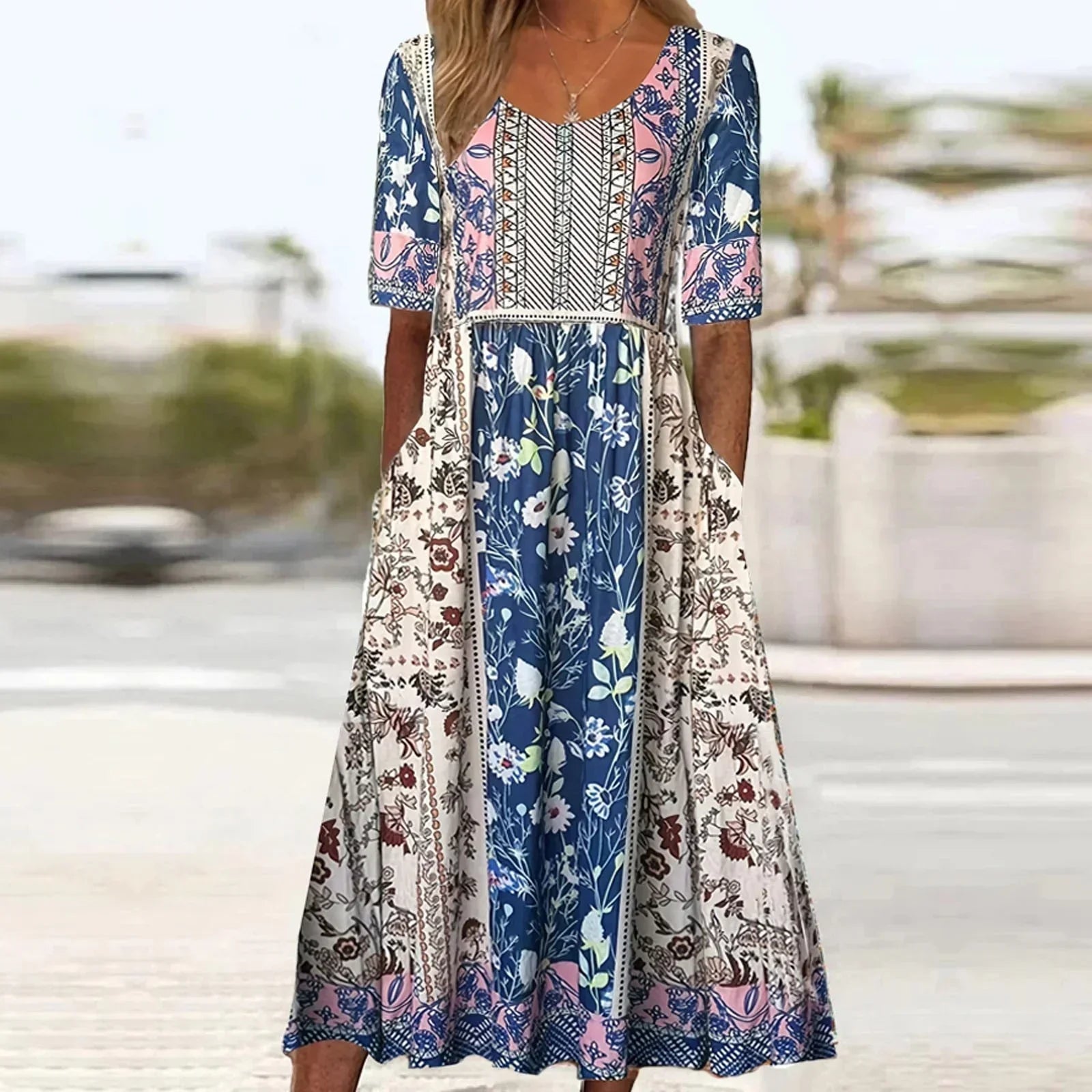 Women’s Boho Midi Dress Square Neck Short Sleeve Summer Style 2
