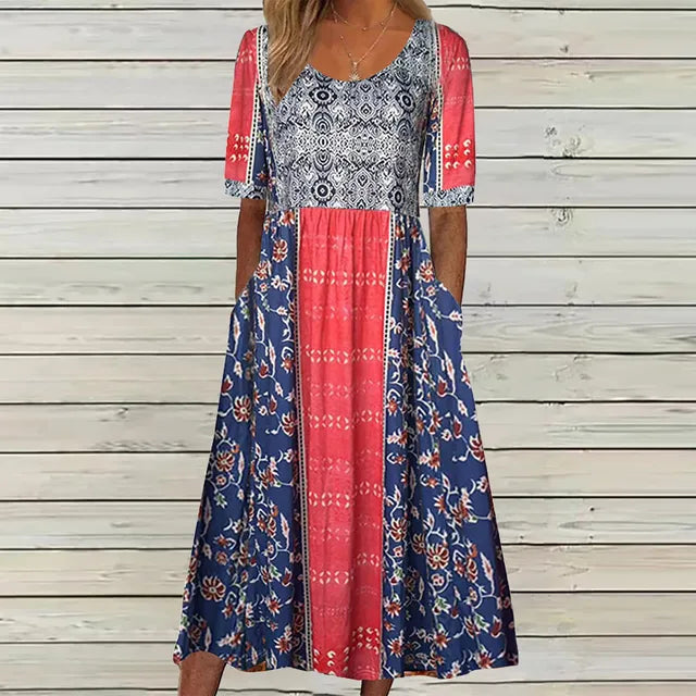 Women’s Boho Midi Dress Square Neck Short Sleeve Summer Style 3