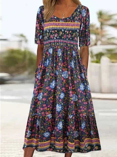 Women’s Boho Midi Dress Square Neck Short Sleeve Summer Style 4
