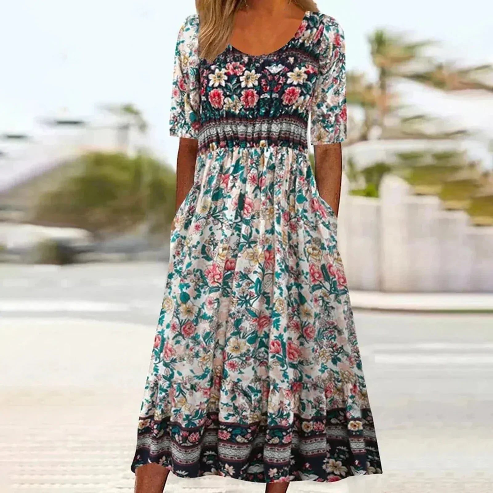 Women’s Boho Midi Dress Square Neck Short Sleeve Summer Style 5