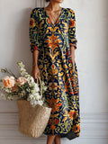 Women’s Boho Midi Dress V-Neck Baroque Print Lightweight Cotton 0