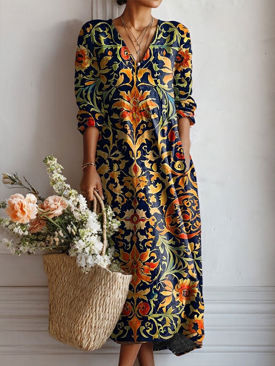 Women’s Boho Midi Dress V-Neck Baroque Print Lightweight Cotton 0