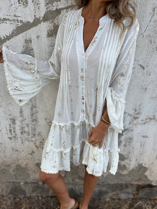 Women’s Boho Mini Dress Flared Sleeves with Elegant Gold Details 0