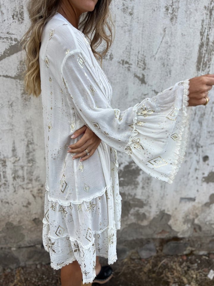 Women’s Boho Mini Dress Flared Sleeves with Elegant Gold Details 1