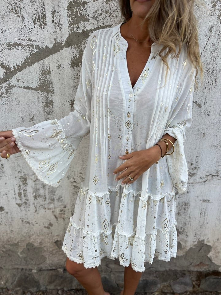 Women’s Boho Mini Dress Flared Sleeves with Elegant Gold Details 2