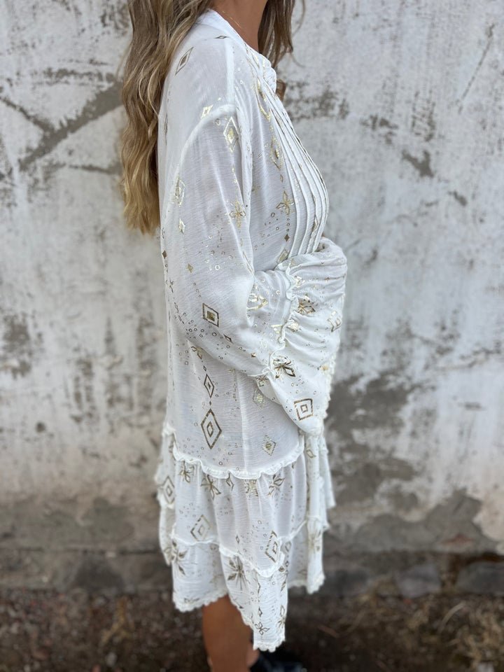 Women’s Boho Mini Dress Flared Sleeves with Elegant Gold Details 3