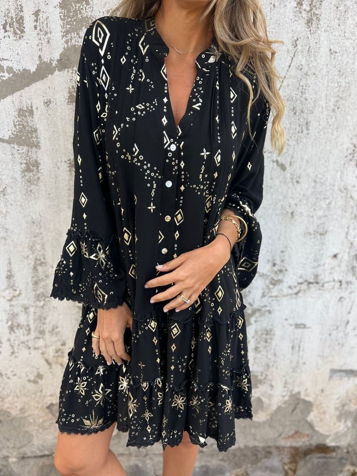 Women’s Boho Mini Dress Flared Sleeves with Elegant Gold Details 5