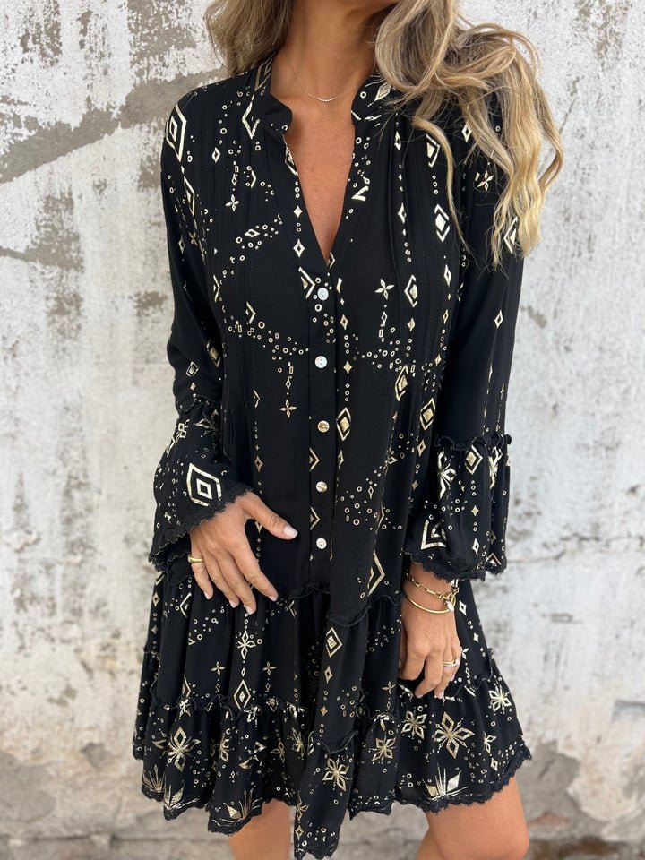 Women’s Boho Mini Dress Flared Sleeves with Elegant Gold Details 6