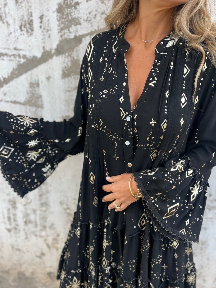 Women’s Boho Mini Dress Flared Sleeves with Elegant Gold Details 7