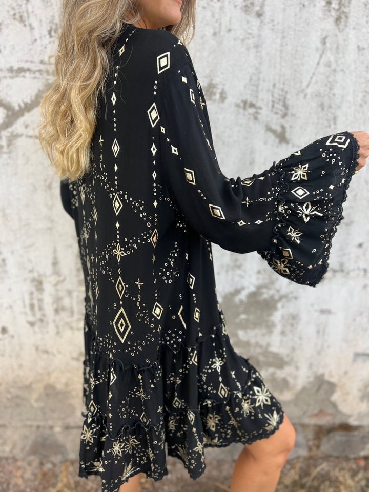 Women’s Boho Mini Dress Flared Sleeves with Elegant Gold Details 8
