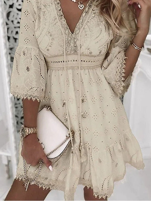 Women’s Boho Mini Dress V-Neck Lace Bell Sleeves 0