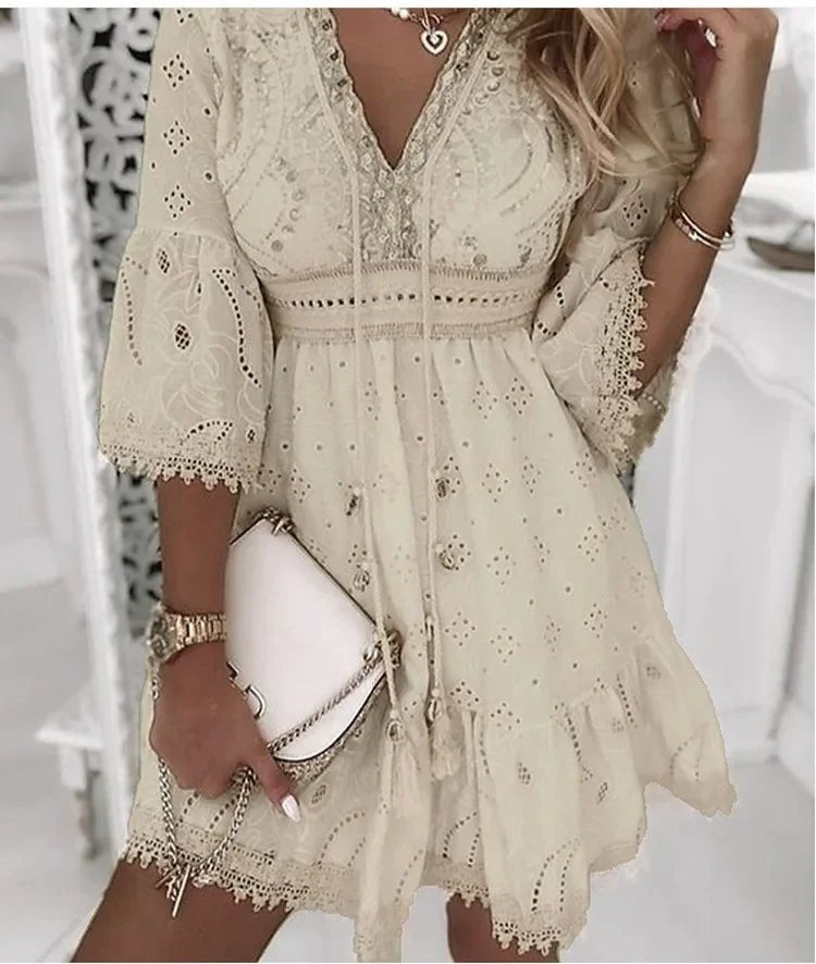 Women’s Boho Mini Dress V-Neck Lace Bell Sleeves 2