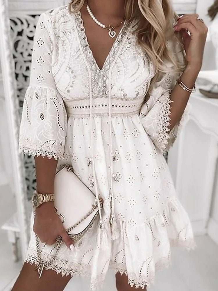 Women’s Boho Mini Dress V-Neck Lace Bell Sleeves 3