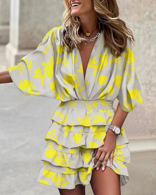 Women’s Boho Mini Dress V-Neck Smocked Waist Floral Design 0