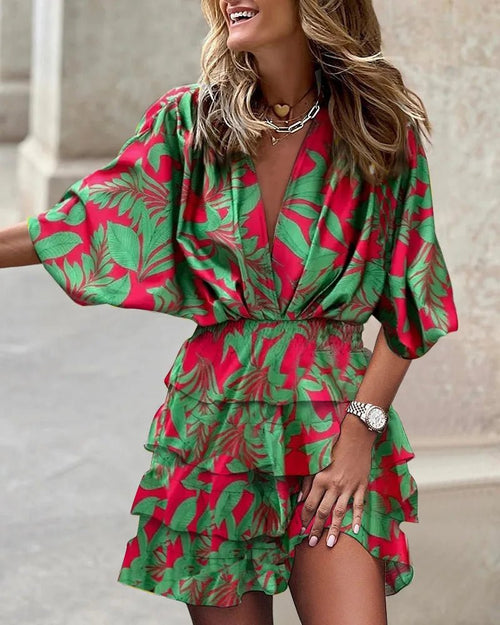 Women’s Boho Mini Dress V-Neck Smocked Waist Floral Design 1