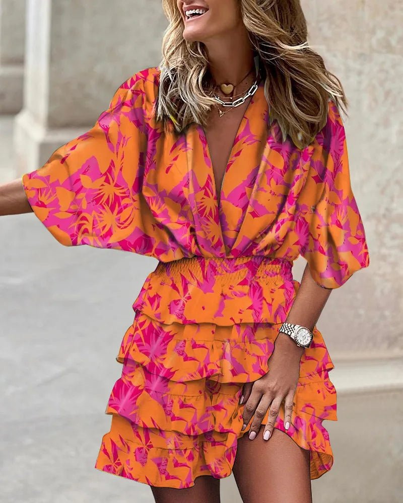 Women’s Boho Mini Dress V-Neck Smocked Waist Floral Design 3