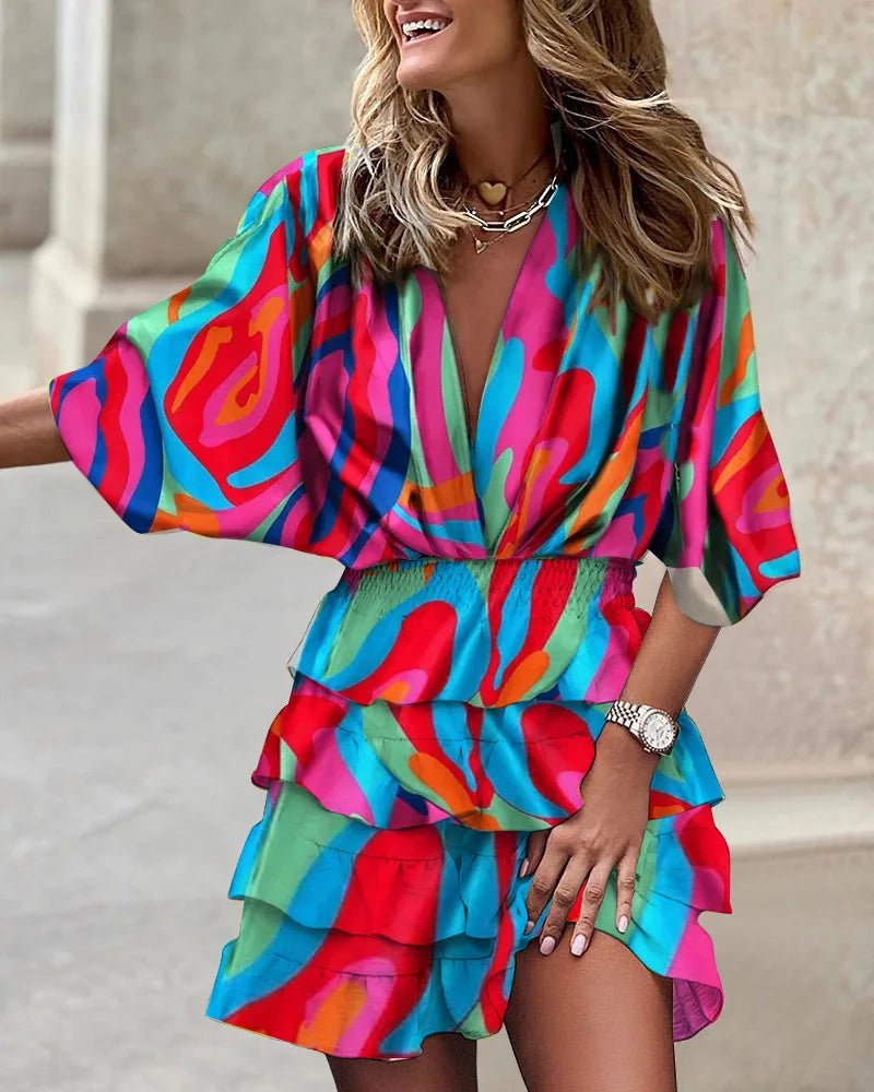 Women’s Boho Mini Dress V-Neck Smocked Waist Floral Design 4