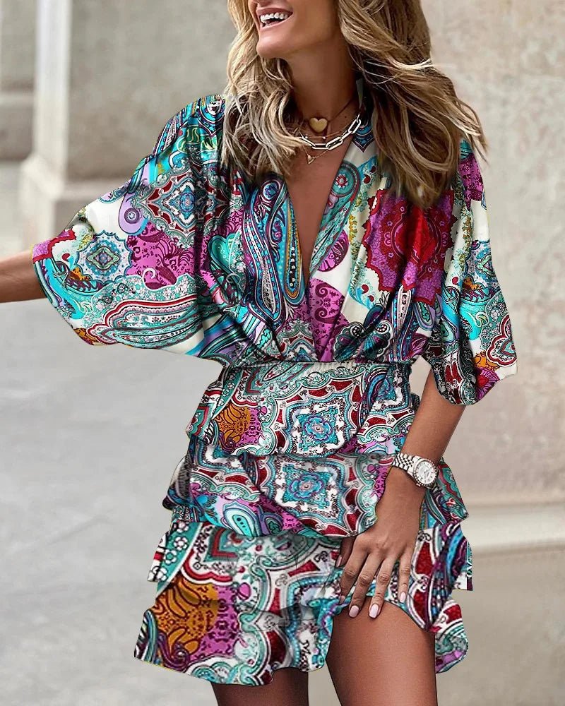 Women’s Boho Mini Dress V-Neck Smocked Waist Floral Design 5