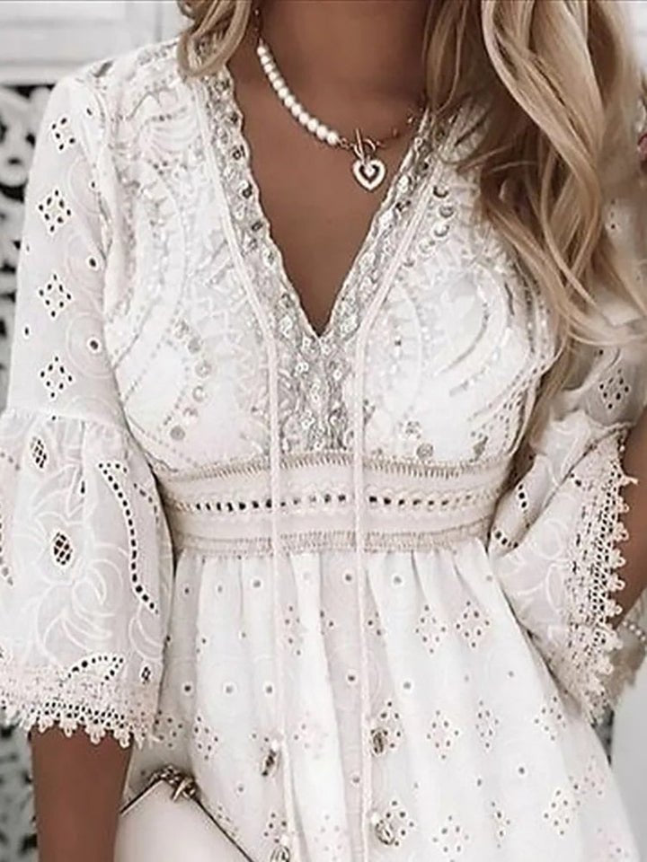 Women’s Boho Mini Dress V-Neck with Bell Sleeves for Summer Outings 4