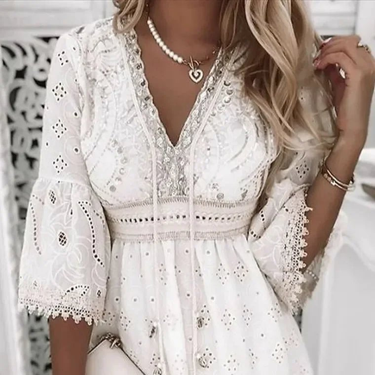 Women’s Boho Mini Dress V-Neck with Bell Sleeves for Summer Outings 5