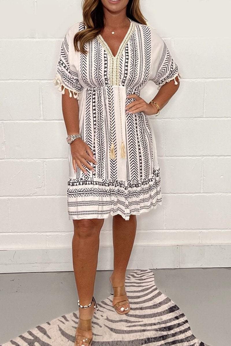 Women’s Boho Mini Dress V-Neck with Tassel Details 2