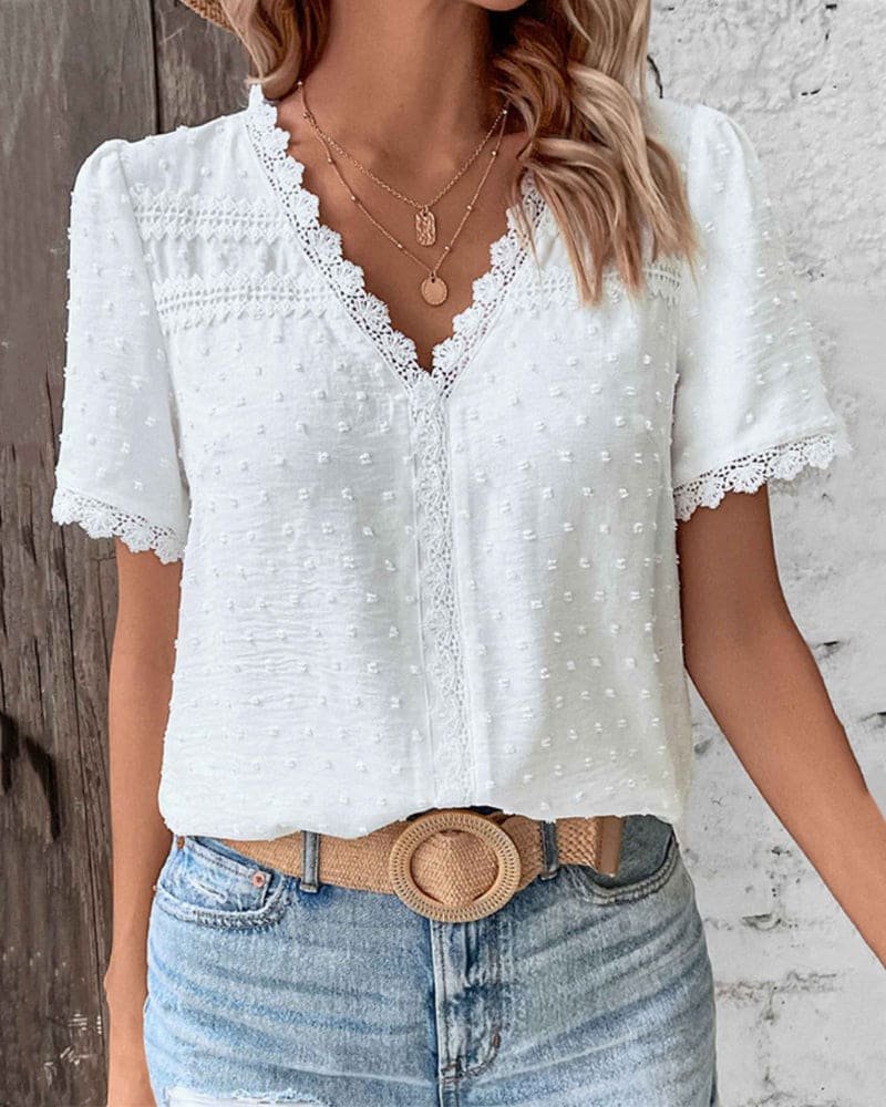 Women’s Boho Short Sleeve Blouse Swiss Dot Lace Trim Design 0