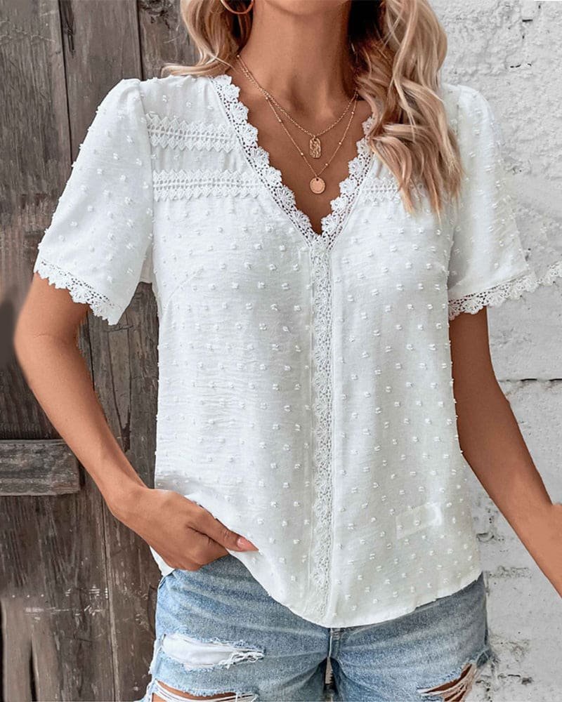 Women’s Boho Short Sleeve Blouse Swiss Dot Lace Trim Design 2