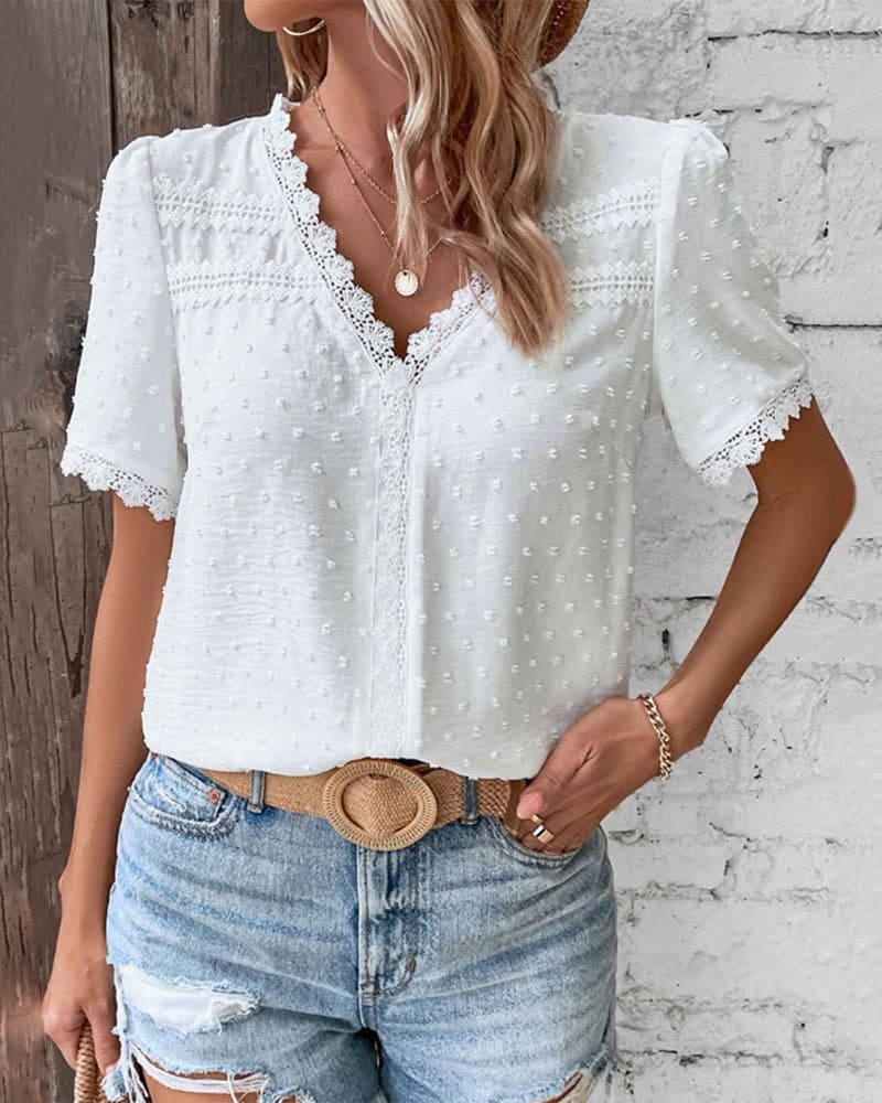Women’s Boho Short Sleeve Blouse Swiss Dot Lace Trim Design 3