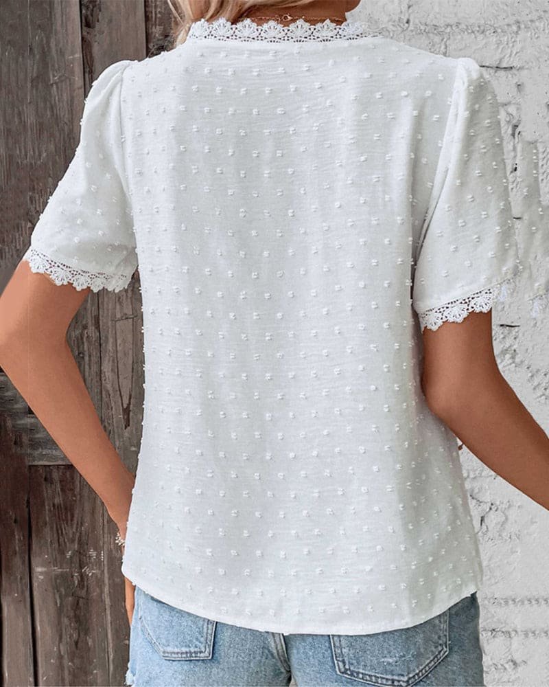 Women’s Boho Short Sleeve Blouse Swiss Dot Lace Trim Design 4