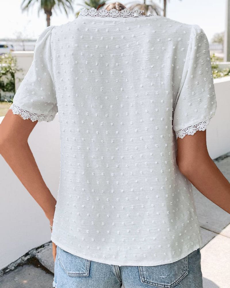 Women’s Boho Short Sleeve Blouse Swiss Dot Lace Trim Design 7